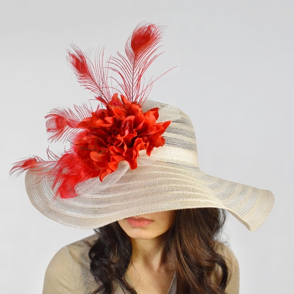 Red Flower Feather Wide Brim Kentucky Derby Hat